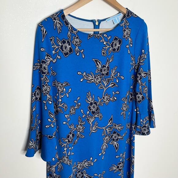 Draper James Womens Geranium Bell Sleeve Shift Dress Medium Blue Floral Stretch - Picture 3 of 9